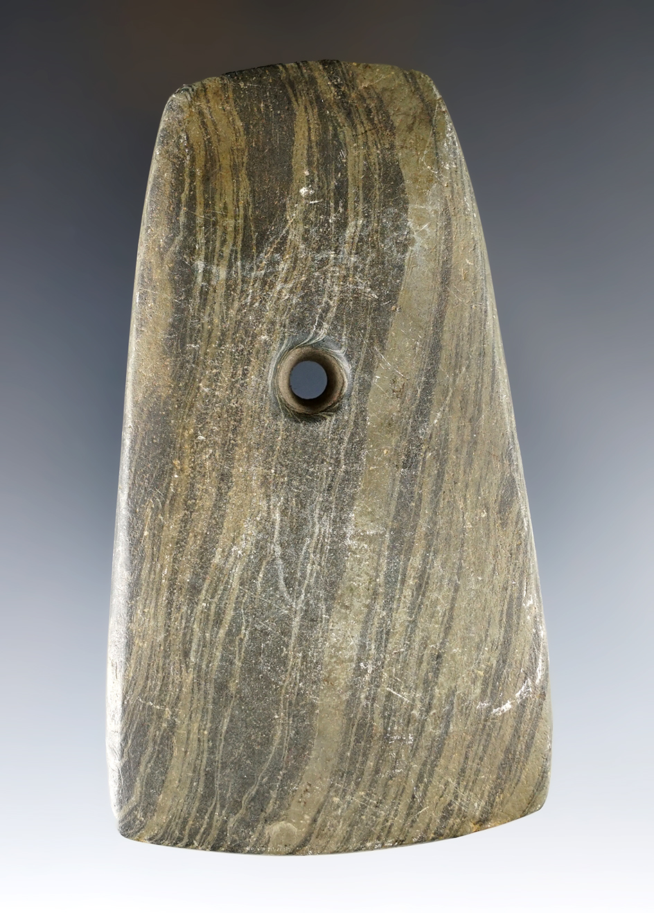 4" Adena Trapezoidal Pendant made from green and black Banded Slate. Found in Mercer Co., Ohio. 