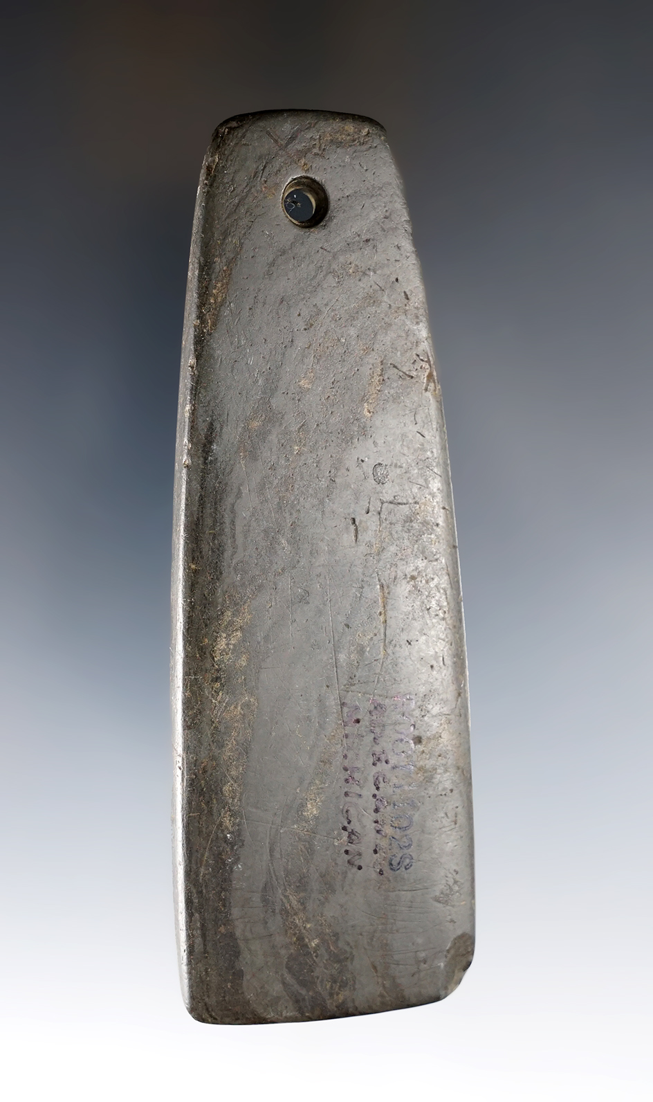 4 3/16" Adena Trapezoidal Pendant found in Allegan Co., Michigan. Ex. Cecil Cornell Collection. 