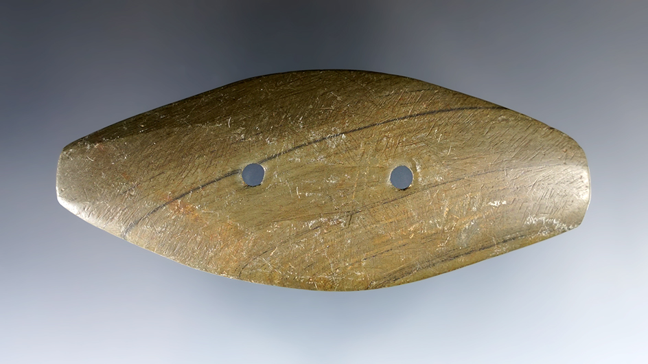 4 1/8" Glacial Kame Expanded Center Gorget found in Scioto Co., Ohio. Ex. Bill Rowland Collection. 