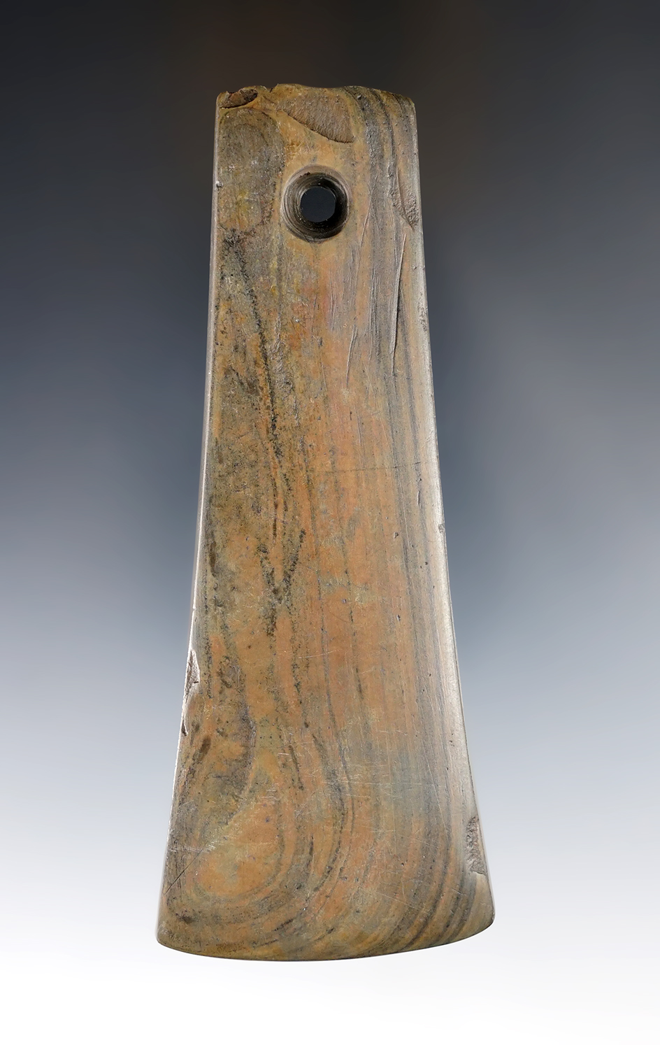 4 1/2" Adena Bell Pendant with lightly fringed top. Preble Co., Ohio. Pictured in "Prehistoric American"