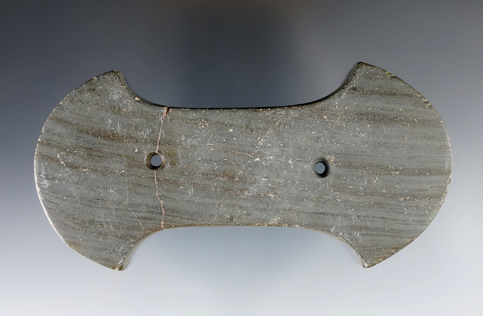 4 1/4" Adena Bi-Concave Gorget - broken and glued at one hole. Found in Shelby Co., Indiana. Pictured!