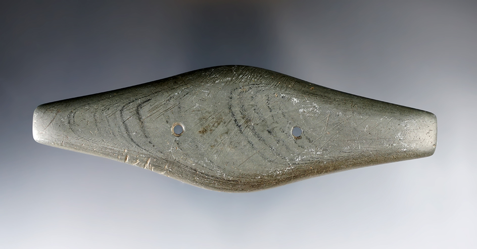 5 3/16" Adena Expanded Center Gorget made from Banded Slate. Found in Hardin Co., Ohio. Pictured!