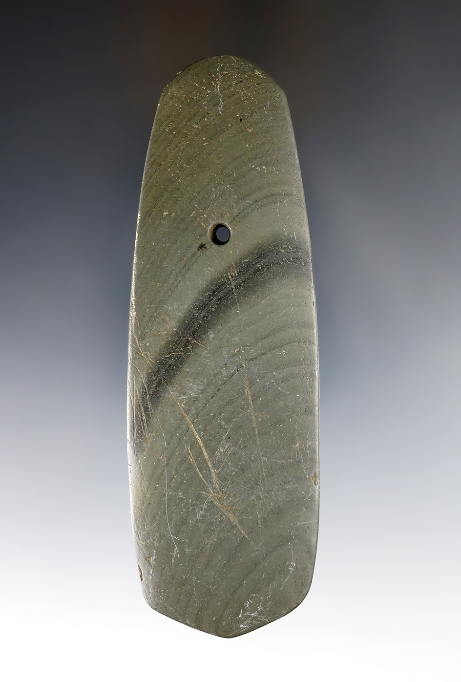 4 13/16" Hopewell Pendant made from green and black Banded Slate. Found in Paulding Co., Ohio. 