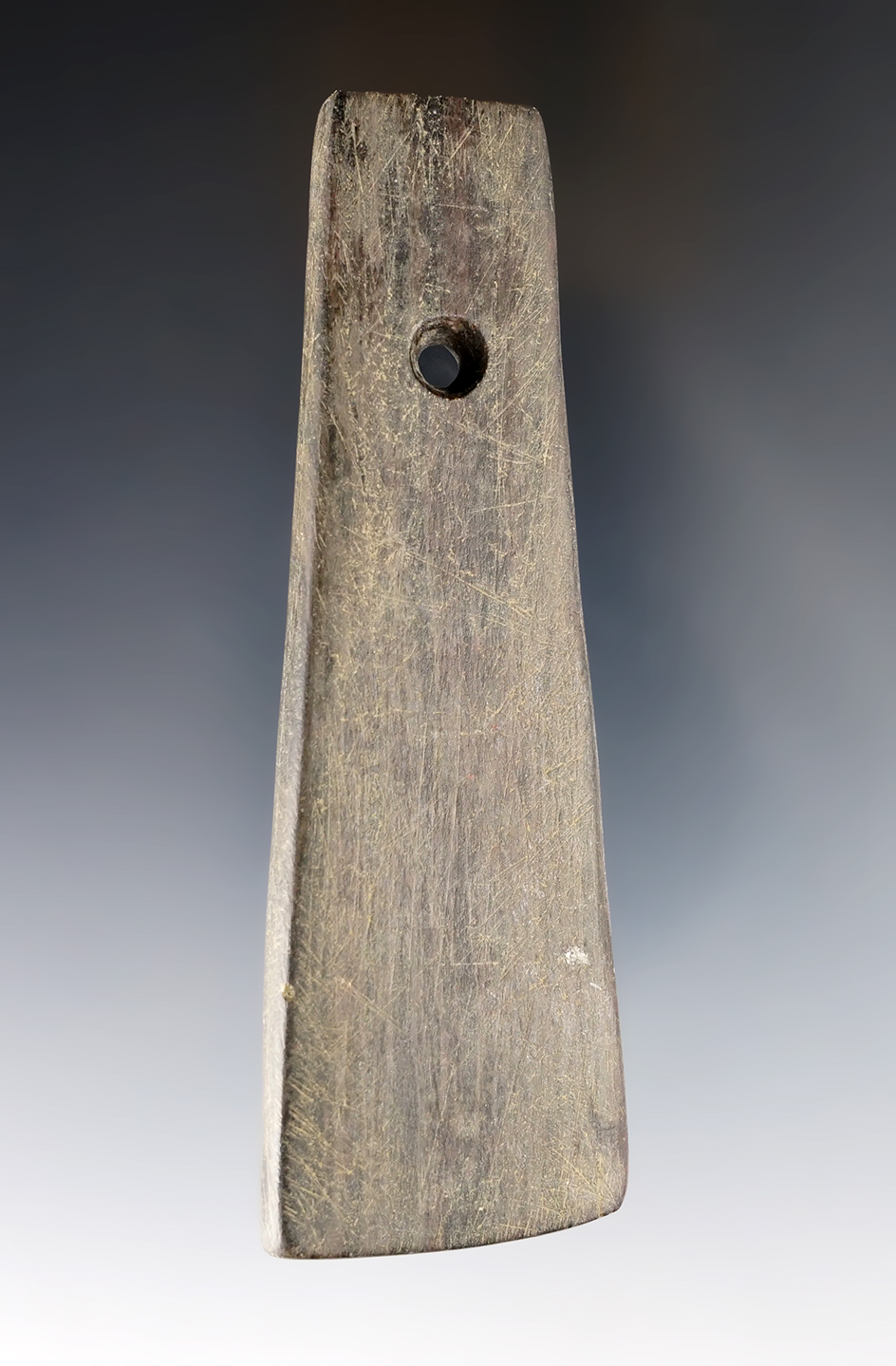 4 5/16" Hopewell Trapezoidal Pendant made from red and black Banded Slate. Found in Hardin Co., OH.