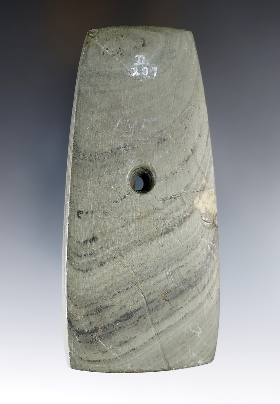 4 3/16" Adena Trapezoidal Pendant made from green and black Banded Slate. Found in Lucas Co., Ohio