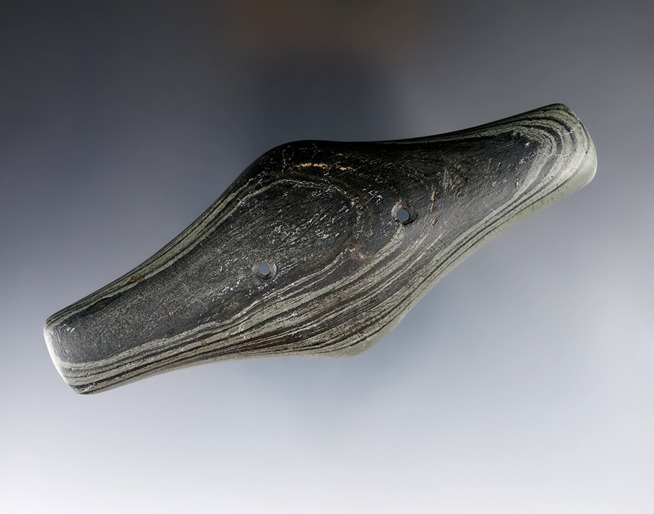 4 1/2" Adena Expanded Center Gorget made from Banded Slate. Found in Hamilton Co., Ohio. Pictured!