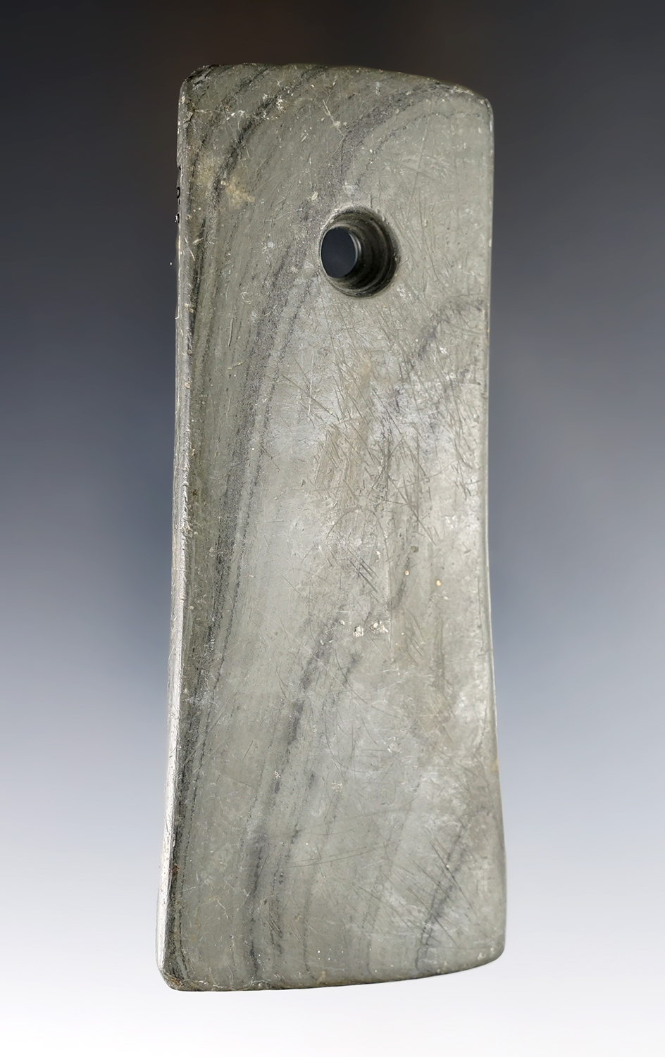 4 3/8" Adena Bell Pendant - Banded Slate. Found in Stark Co., Ohio. Ex. Dr. Lyons, Bob Converse.