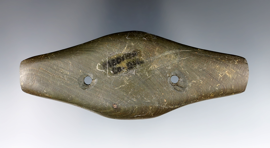 4 5/16" Hopewell Expanded Center Gorget made from Banded Slate. Found in Medina Co., Ohio.