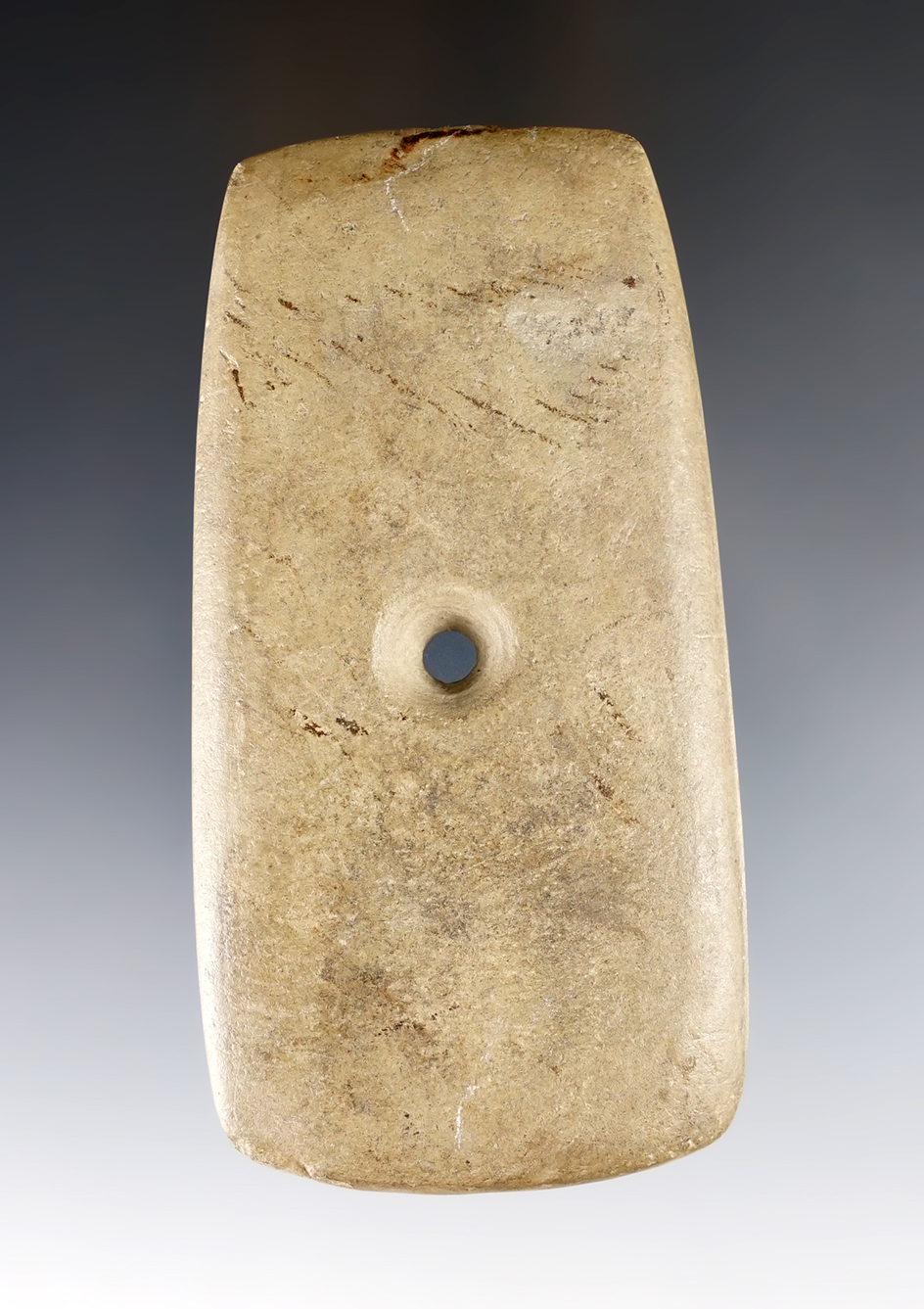 4 1/8" Adena Trapezoidal Pendant made from tan Quartz. Found in Highland Co., Ohio. Ex. Wehrle.