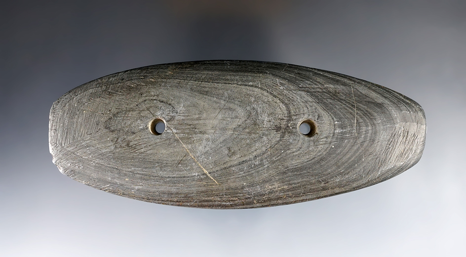 4 15/16" Glacial Kame Gorget made from Banded Slate, found in Ohio. Ex. Rick Waibel (#18A).