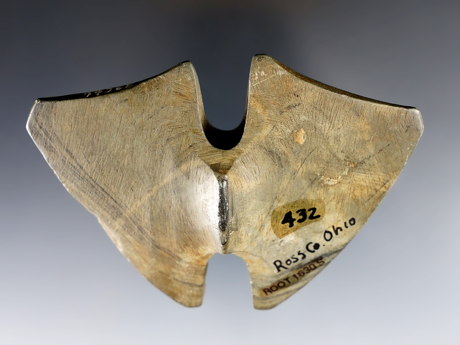 3 9/16" Archaic Double Notch Butterfly Bannerstone found in Ross Co., Ohio. Ex. Gomer Moore.