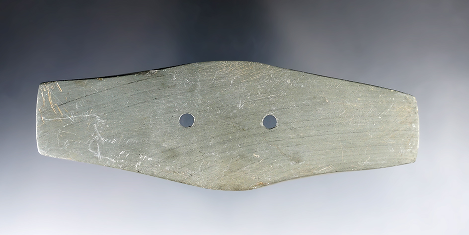 4 15/16" Hopewell Expanded Center Gorget found in Wakeman Twp., Huron Co., OH. Ex. B. B. Thomas