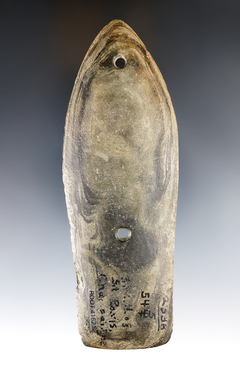 5 3/8" Glacial Kame Sandal Sole Gorget found in Champaign Co., Ohio. Pictured x2!  Ex. Dr. Meuser.