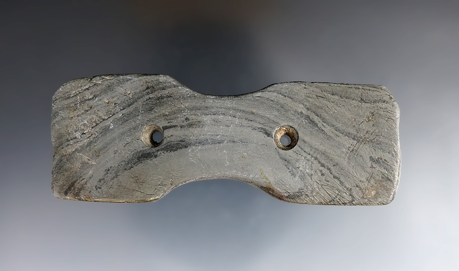 3 15/16" Hopewell "Bowtie" Gorget made from gray and black Banded Slate. Found in Ottawa Co., Ohio. 