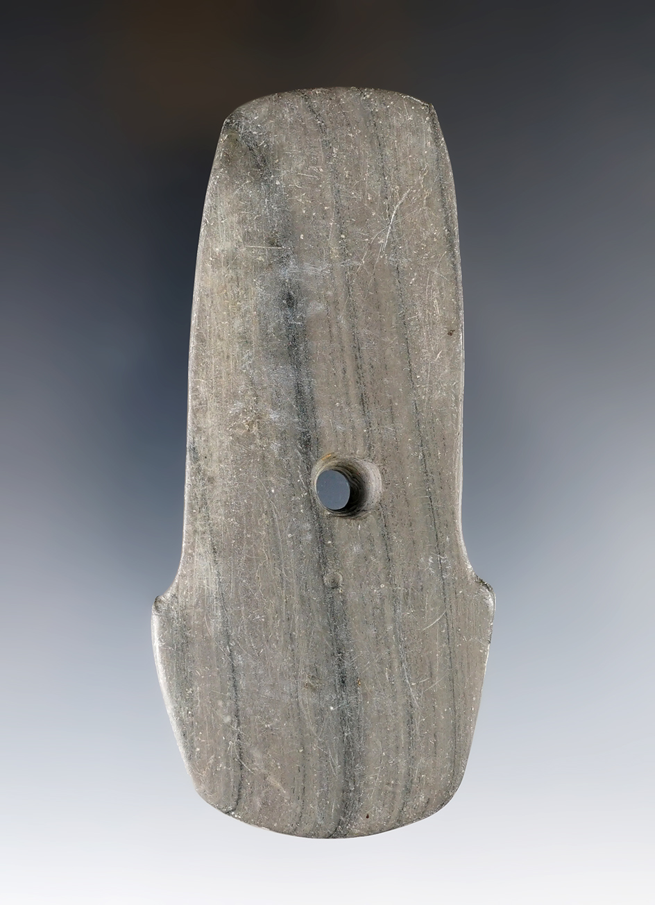 4 1/16" Hopewell Shovel Pendant made from green and black Banded Slate. Found in Hardin Co., Ohio. 