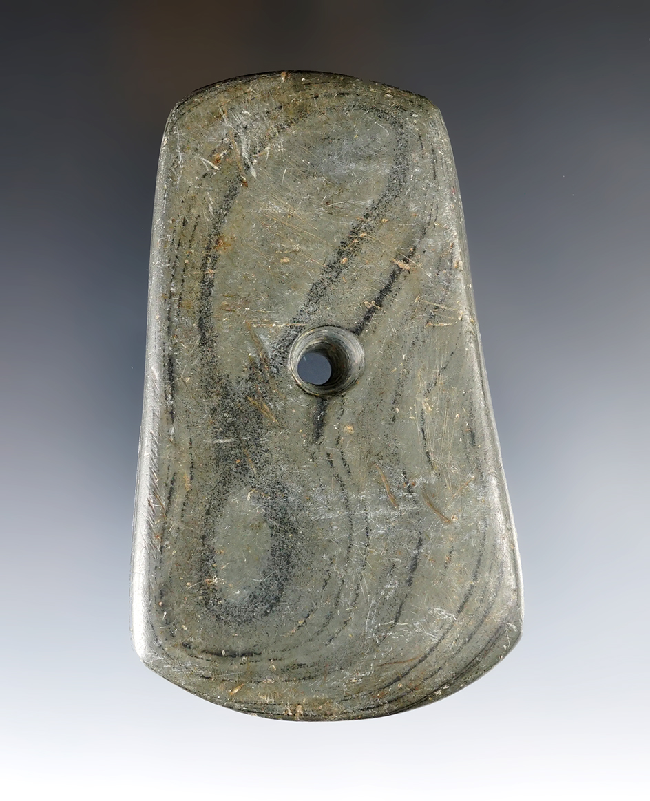 3 7/8" Adena Trapezoidal Pendant made from Banded Slate. Found in Portage Co., Ohio. Ex. Wehrle.