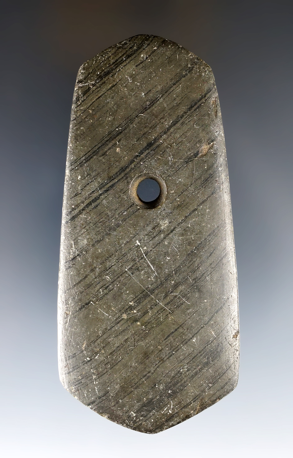 3 15/16" Adena Pendant made from green and black Banded Slate. Found in Licking Co., Ohio. 