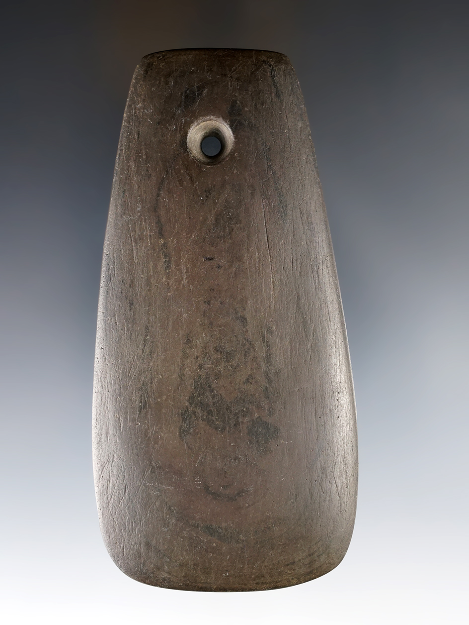 4 5/8" Adena Trapezoidal Pendant made from red and black Mottled Slate. Found in Licking Co., Ohio. 