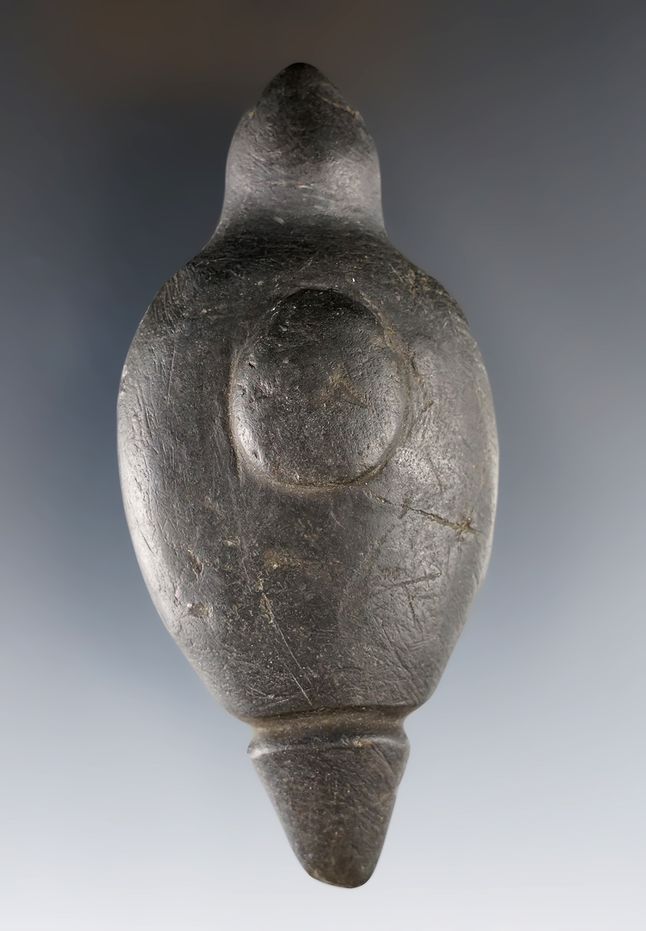 3 1/2" Lizard Effigy made from black Slate. Found in Washington Co., Ohio. Ex. Mike Barron Collection. 