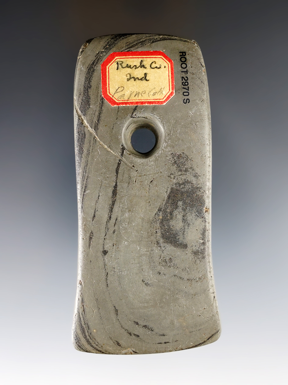 3 13/16" Adena Bell Pendant that is lightly tallied. Found in Rush Co., Indiana. Ex. Payne, Macy Hallock