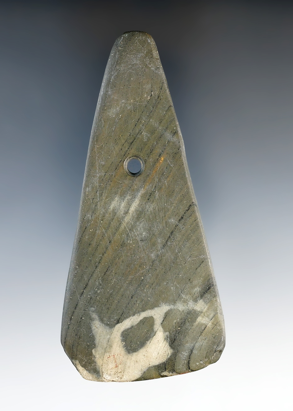 4 1/8" Hopewell Trapezoidal Pendant  with "worm tracks". Found in Hardin Co., Ohio. Ex. Jim Hahn 