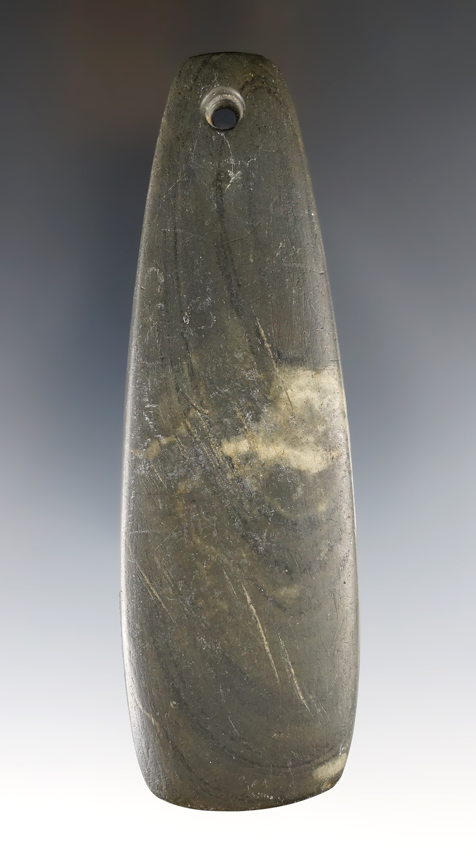 4 15/16" Adena Trapezoidal Pendant made from Banded Slate. Found in Putnam Co., Ohio. Ex.  Hooks.