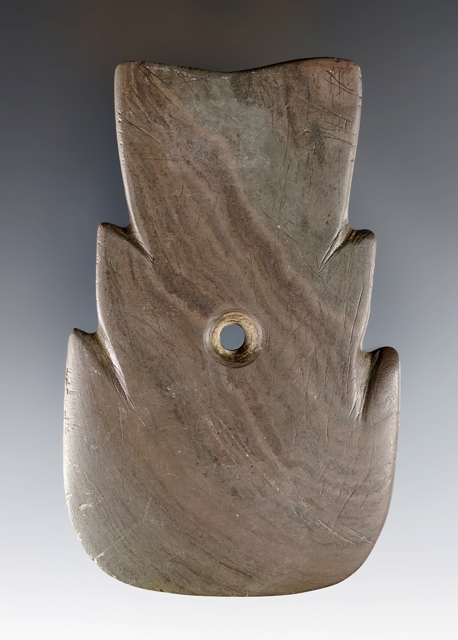 3 13/16" Hopewell Shovel Pendant that is uniquely styled with two notches on each side.Ross Co., Ohio.