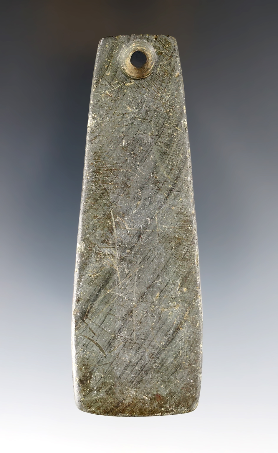 4 1/16" Hopewell Trapezoidal Pendant found on the Paul Reefer Farm in Buck Twp., Hardin Co., Ohio. 