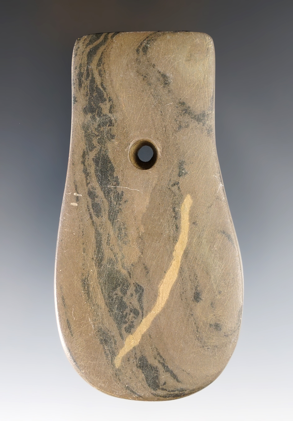 3 7/8" Adena Keyhole Pendant with "worm tracks". Found in Hancock Co., Ohio. Ex. Wilkins (#434)
