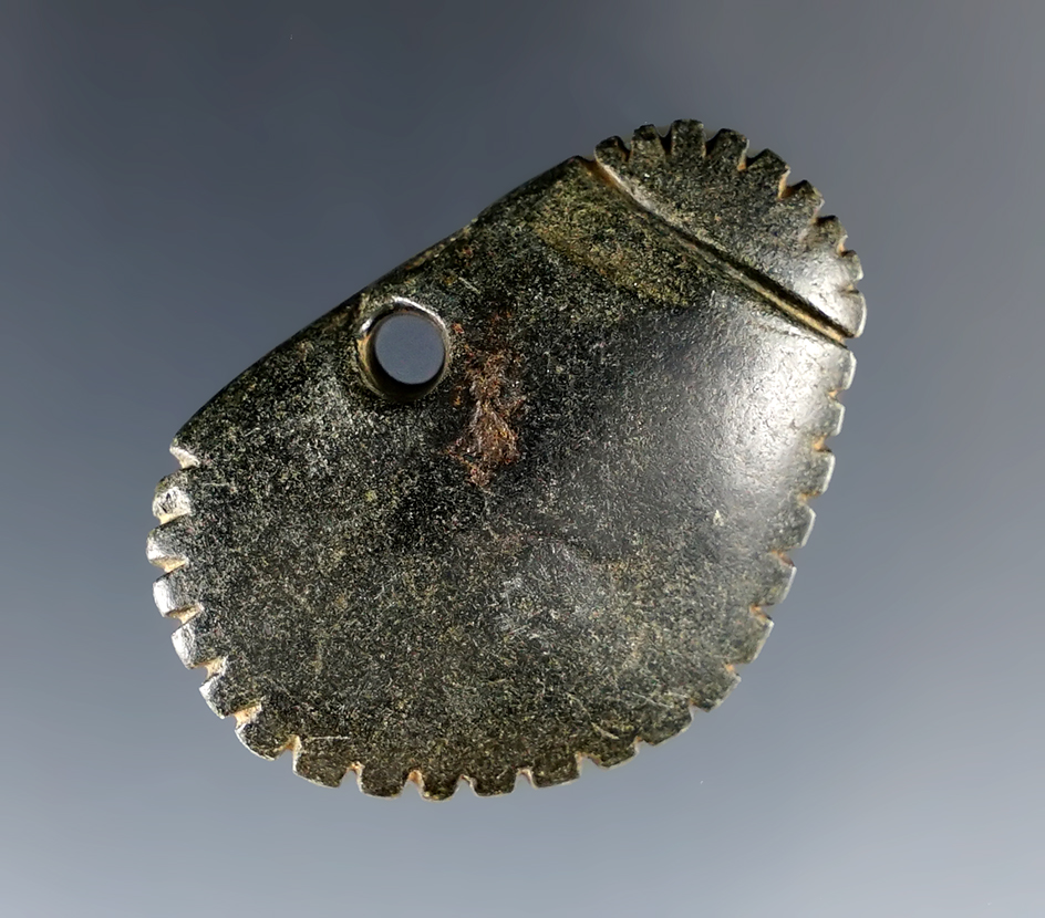 Miniature 1 1/2" Ft. Ancient Black Slate Pendant that is fringed and incised, found in Kentucky. 