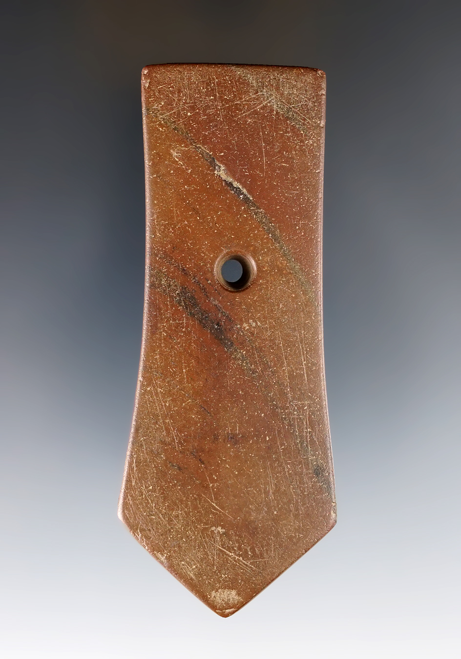 3 3/4" Hopewell Pentagonal Pendant made from red and black Slate. Found in Clinton Co., Ohio. COA.