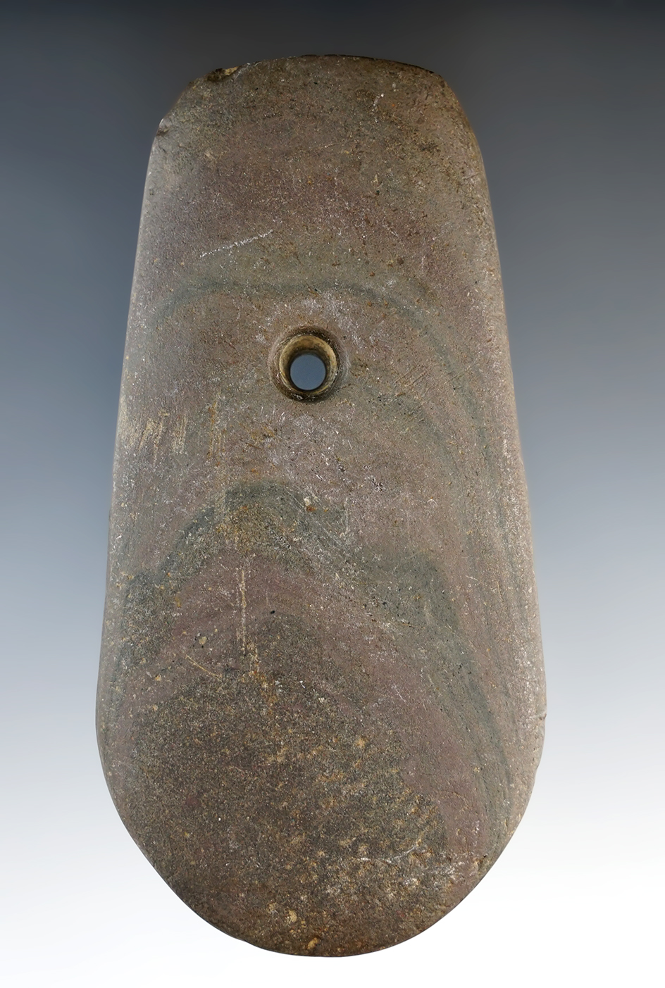 4 5/16" Adena Keyhole Pendant made from red and black Banded Slate. Found in Marion Co., Ohio.