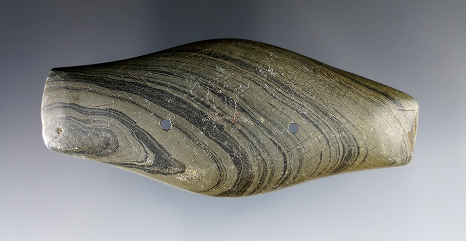 3 15/16" Hopewell Expanded Center Gorget made from green and black Banded Slate. Ex. Jim Hovan.