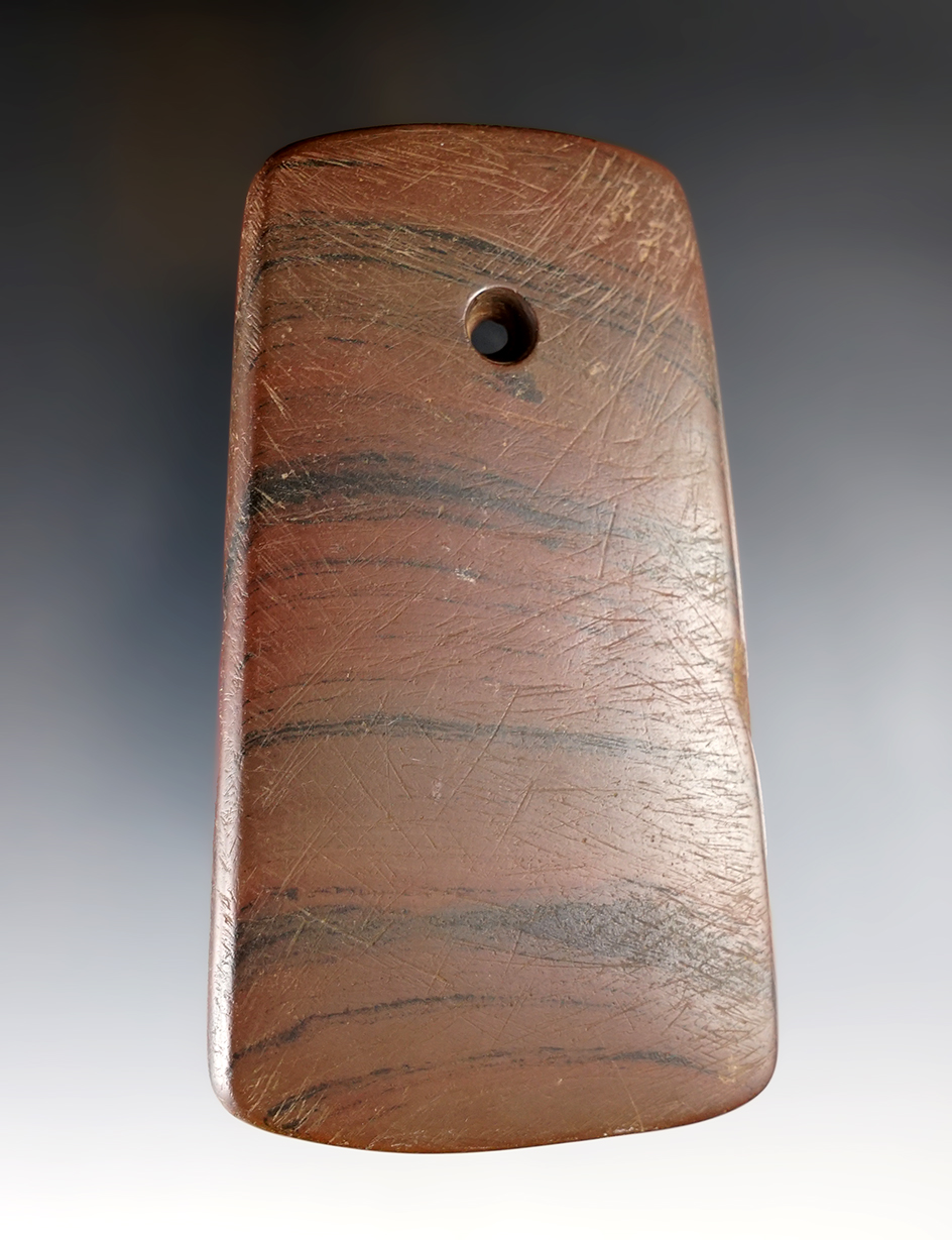 4 5/8" Adena Trapezoidal Pendant made from red and black Banded Slate. Found in Steuben Co., IN.