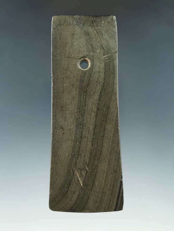 Thin, well patinated and nicely made 4 1/16" Slate Pendant that is nicely banded, Shelby Co., Indian