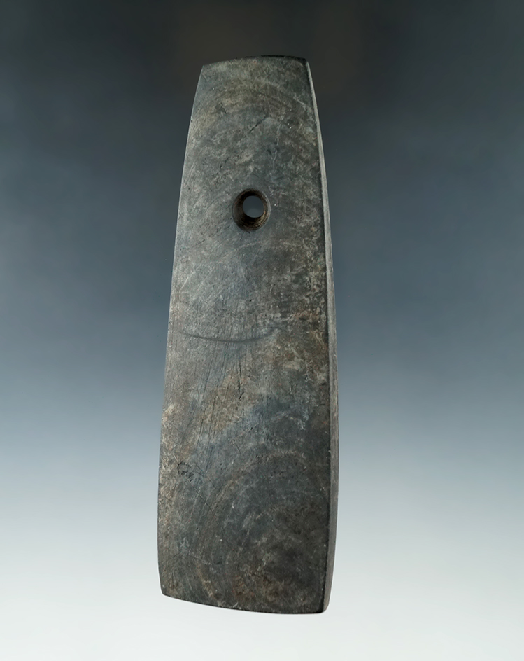 5" Adena Trapezoidal Pendant made from Mottled Slate, found in Jay Co., Indiana. Ex. Howard Jerle.