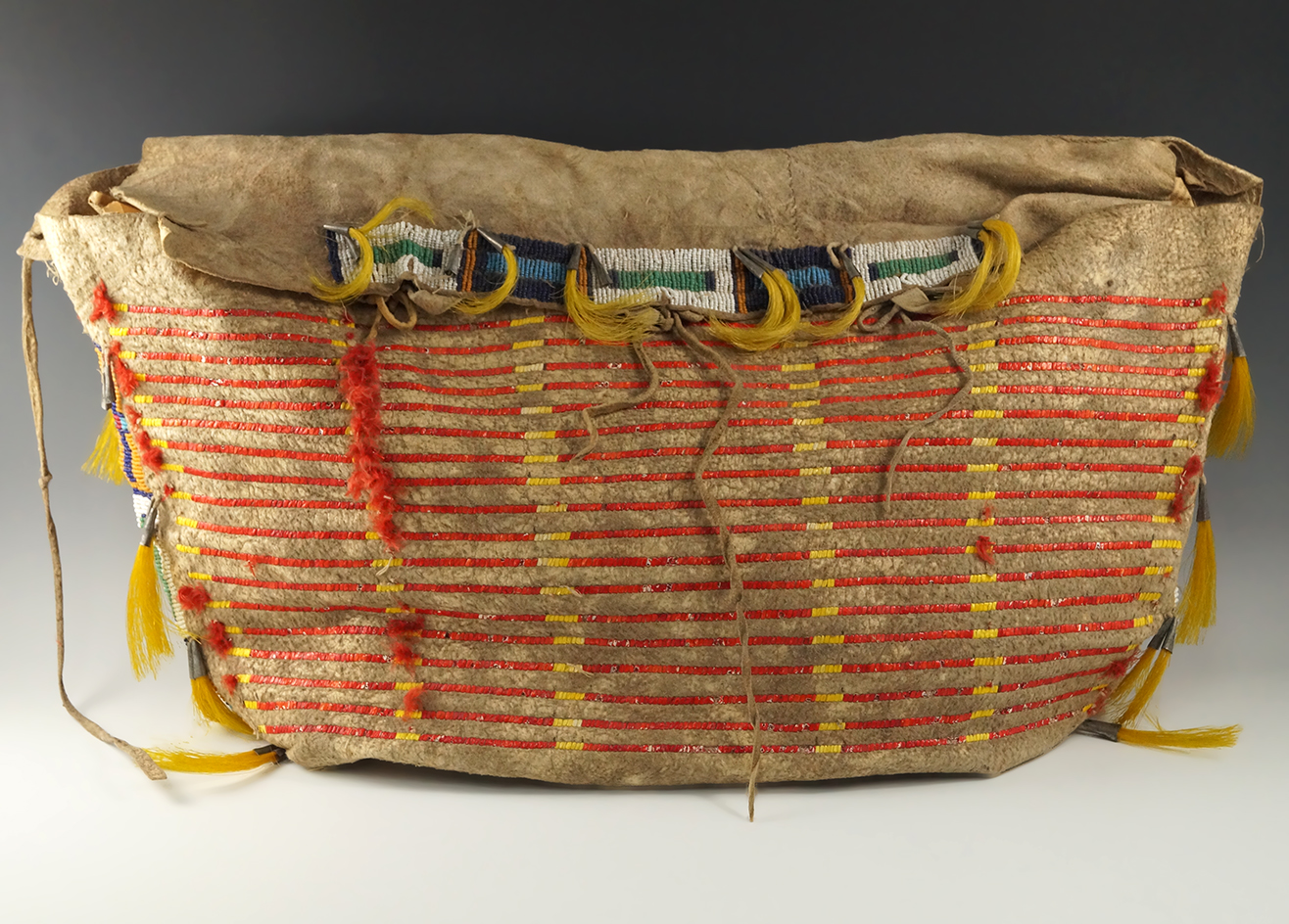 22" Long by 11" Tall by 3" Wide Sioux Beaded Hide Possible Bag, Circa 1875-1885.