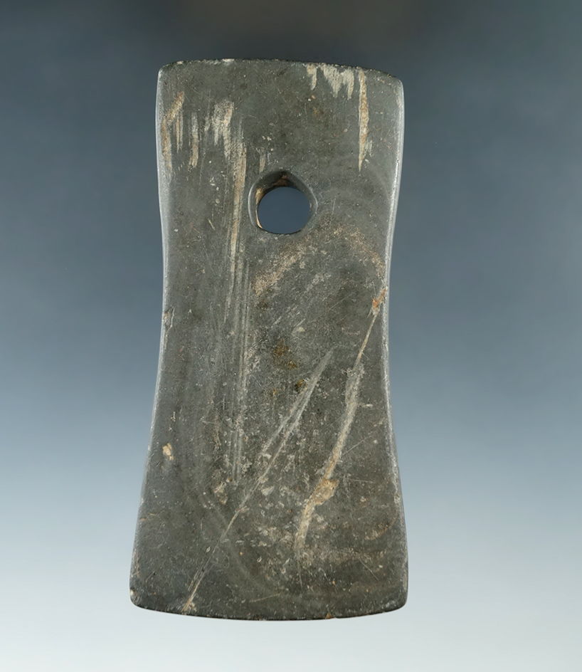 4 1/8" Adena Bell Pendant found in Shelby Co., Indiana. Pictured in Who's Who #9. Ex. Earl Townsend.