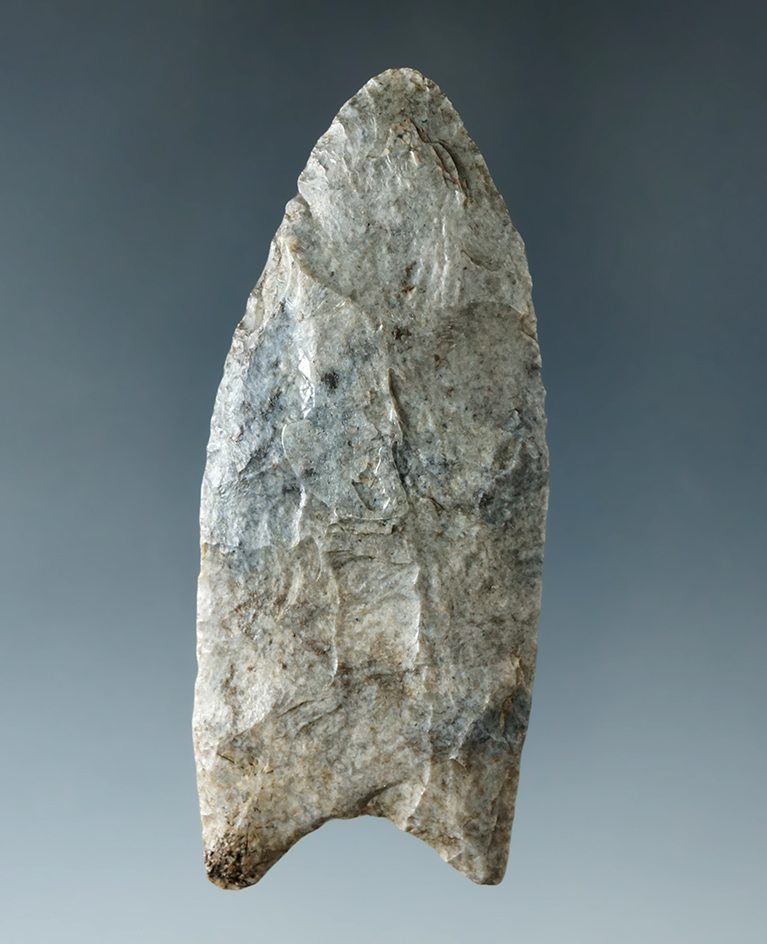 2 13/16" Paleo Fluted Clovis made from Upper Mercer Flint, found in Cass Co., Michigan. Ex. Cornell.