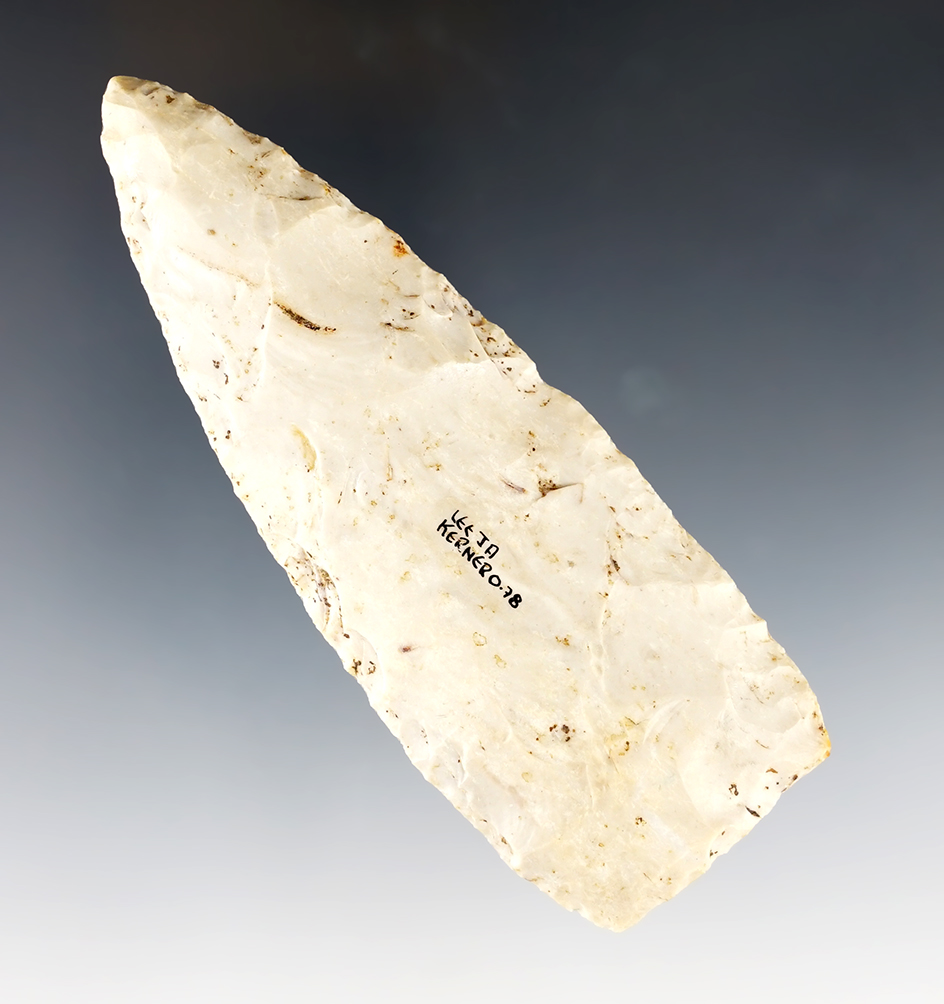 4 3/16" Archaic Blade - Lee Co., Iowa with nice mineral deposits on surface. Bennett COA