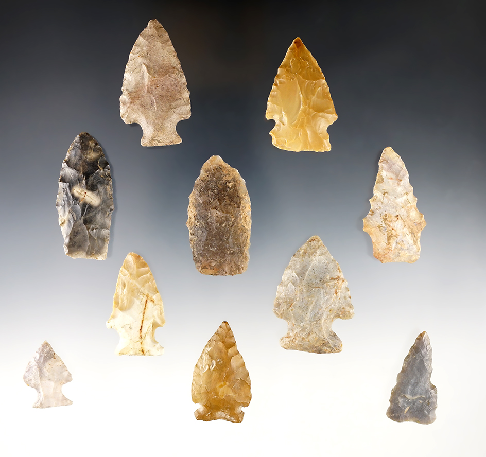 Set of 10 assorted Midwestern Points in nice condition. Largest is 2".