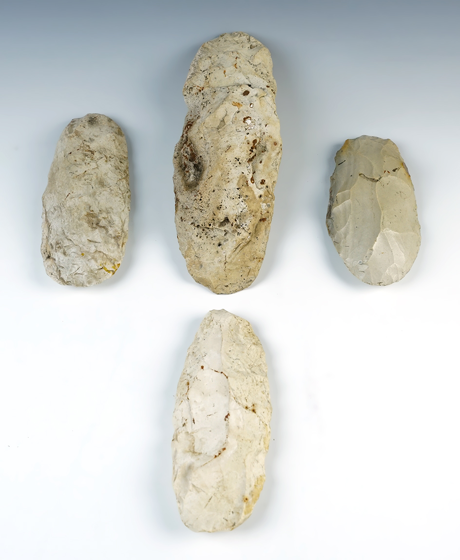 Group of four Flint tools including Hoes and Celts found in Illinois. Largest is 7 11/16".