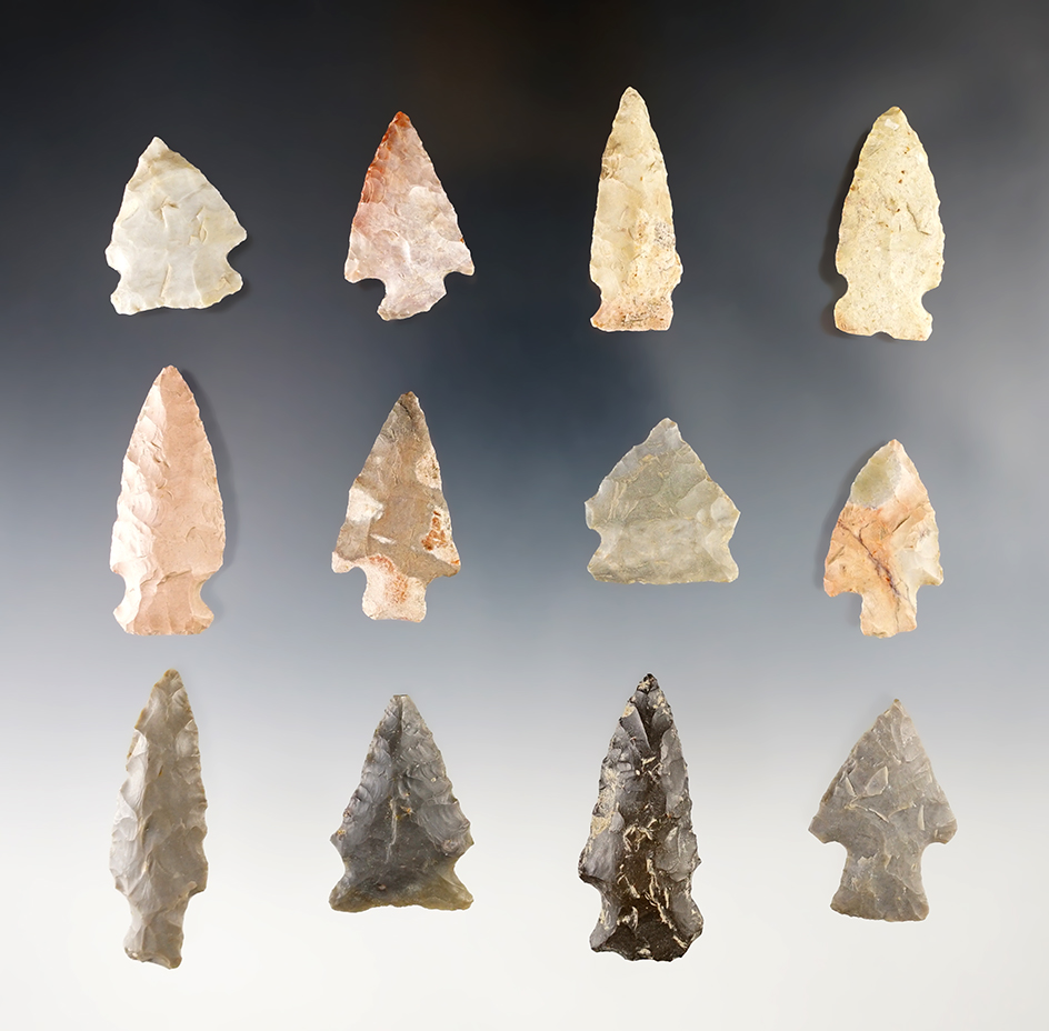 Set of 12 assorted Points in nice condition, largest is 2". Wabash Co., Illinois. Ex. Clark family