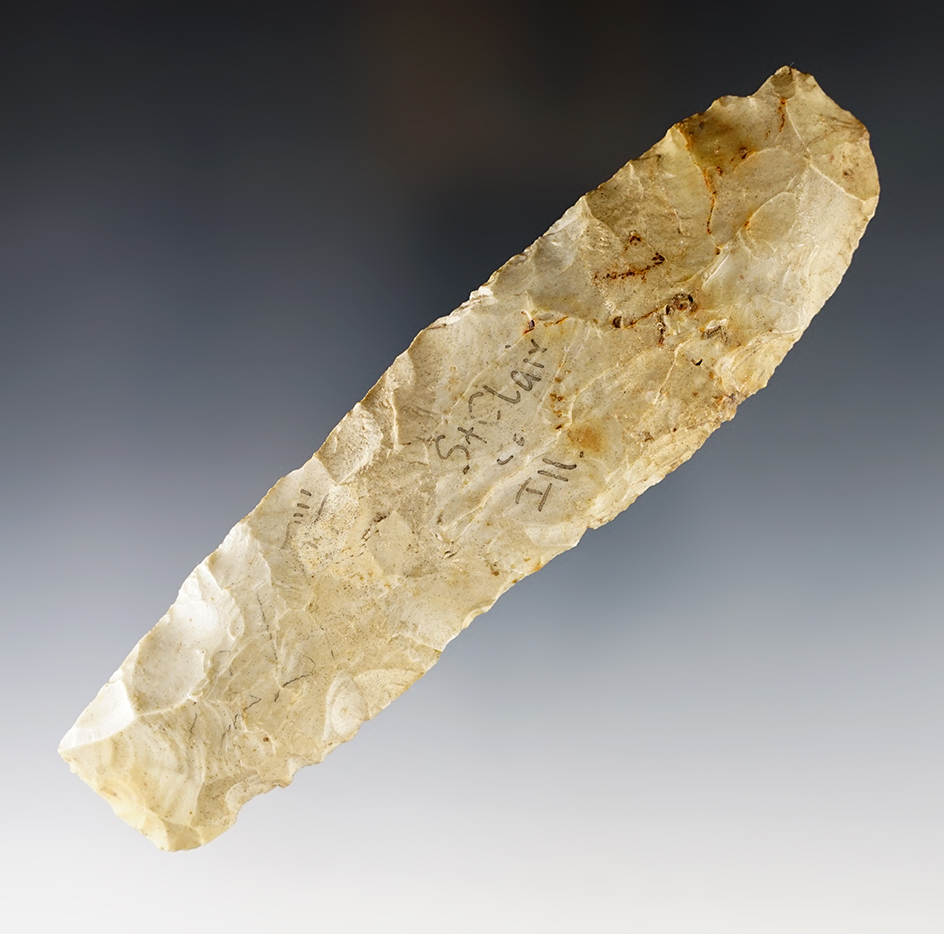 Well patinated 5 5/8" Flint Chisel with ancient use polish to the bit. St. Clair Co., Illinois. Ex. Payne.