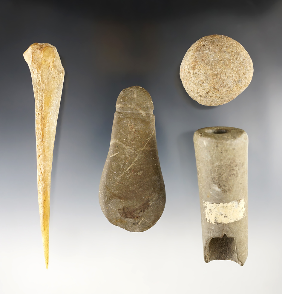 Group of four unique artifacts from the Clark family collection recovered in Wabash Co., Illinois.
