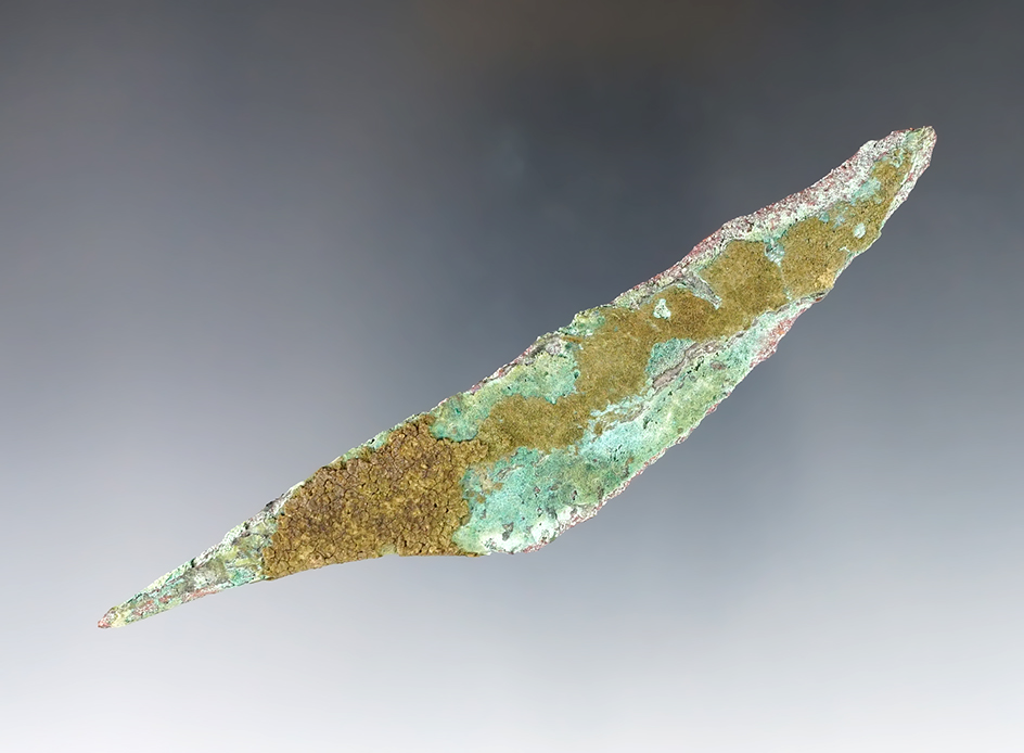 4 1/2" old Copper Culture Rat Tail Knife recovered in Vilas Co., Wisconsin. Ex. James Farrell.