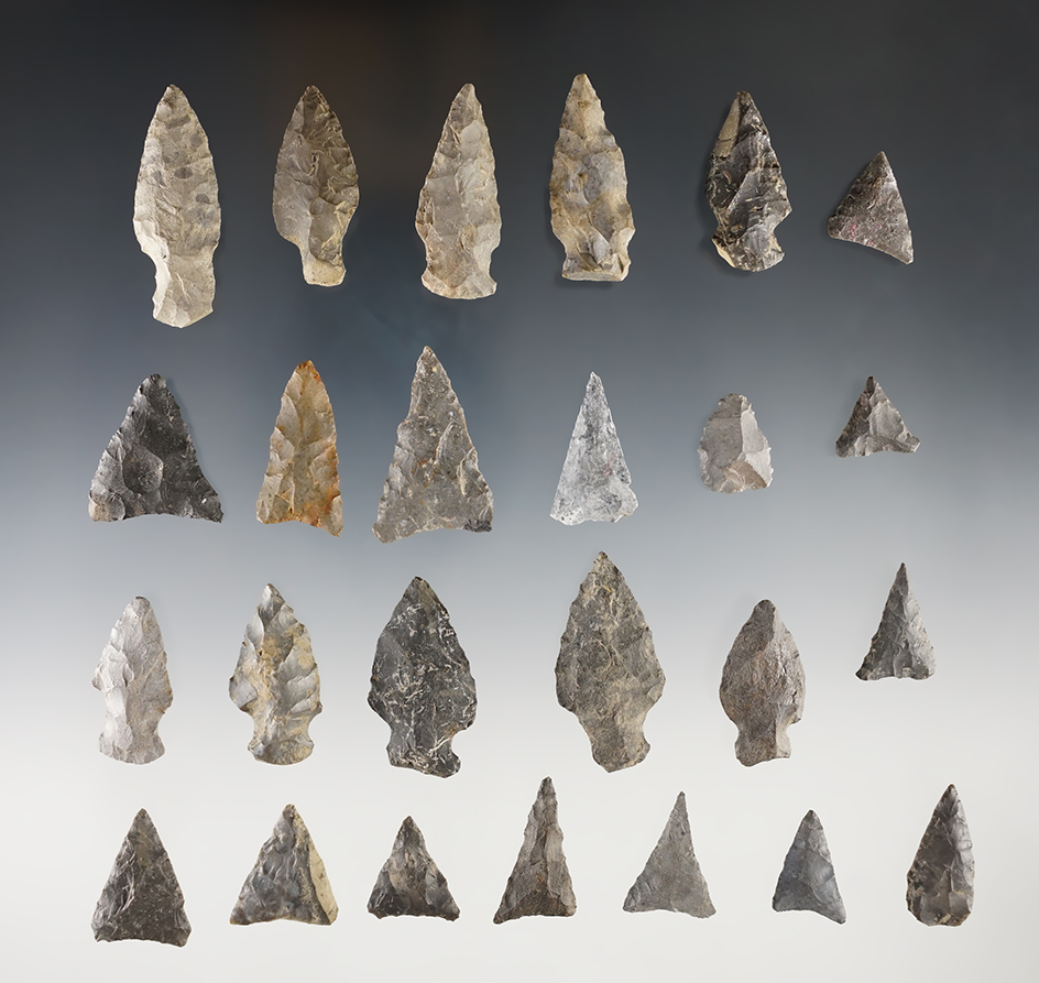 Set of 25 assorted Points - Mudlock Site close to Cayuga Lake, New York. Largest is 1 3/8".
