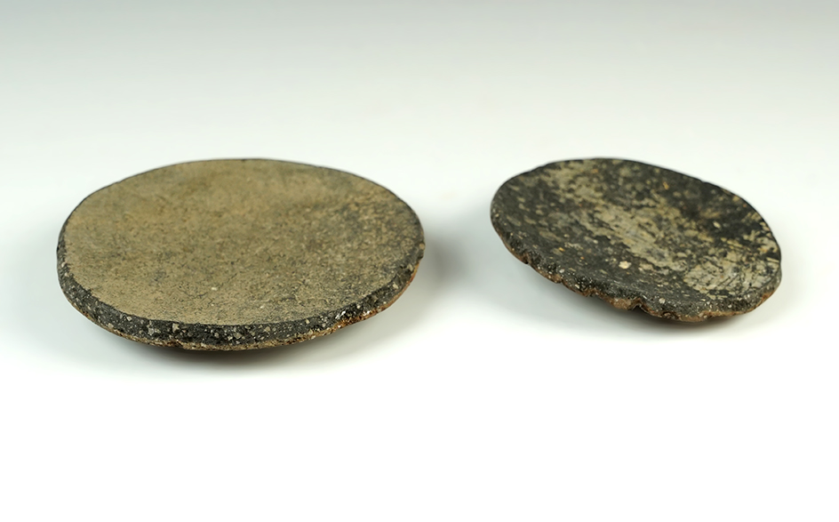 Pair of pottery lids salvaged from broken pottery vessels - Colusa Co., California. Largest is 3 3/4".