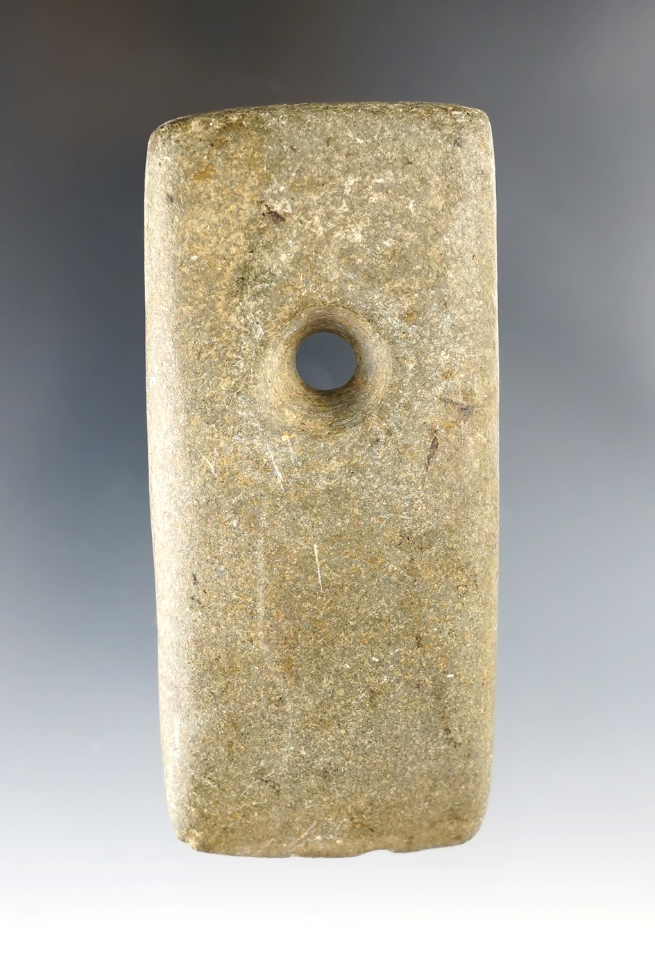3 5/8" Adena Celt shaped Pendant found in Marion Township, Hardin Co., Ohio. Ex. Norm Archer.