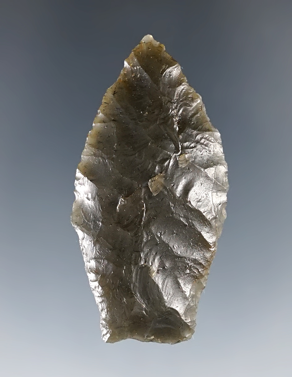 Nicely styled 1 15/16" Paleo Lanceolate dart - ground lower edges and base.Southern Oregon.